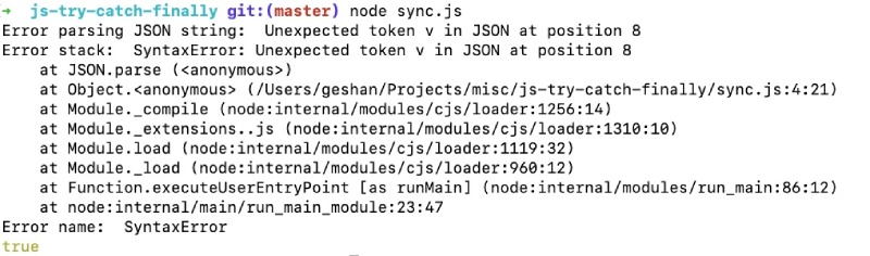 Try catch sync execution in JavaScript - output Try catch sync execution in JavaScript - output