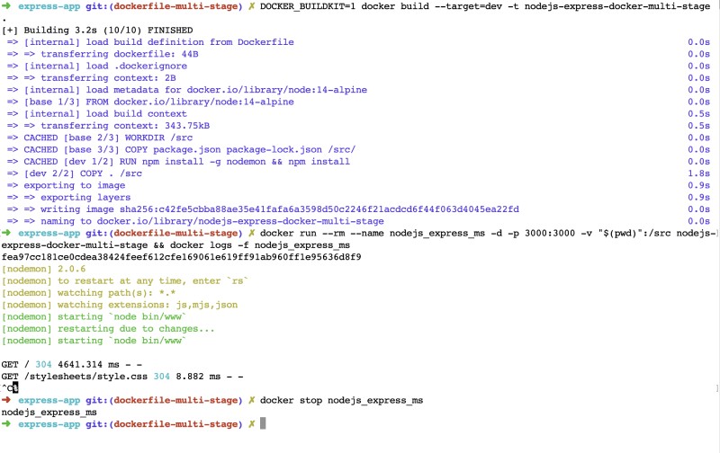 Docker run logs and stop with multi-stage Ouptut of docker run with logs and later stopping it for multi-stage Docker with Node.js