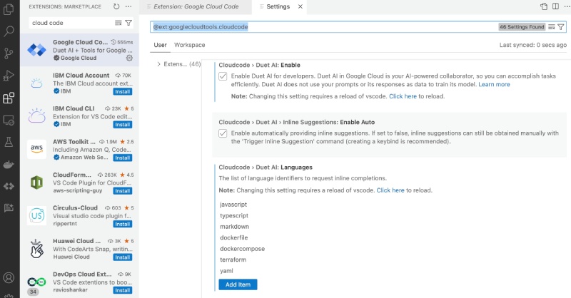 Duet AI (Cloud Code) languages list on VS Code Duet AI (Cloud Code) languages list on VS Code