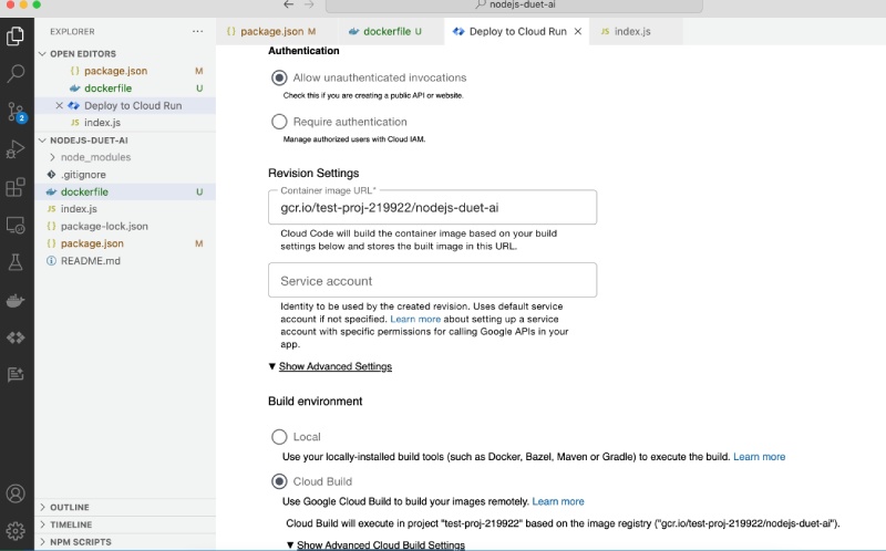 Duet AI integrated with Cloud Run service settings for building Duet AI integrated with Cloud Run service settings for building