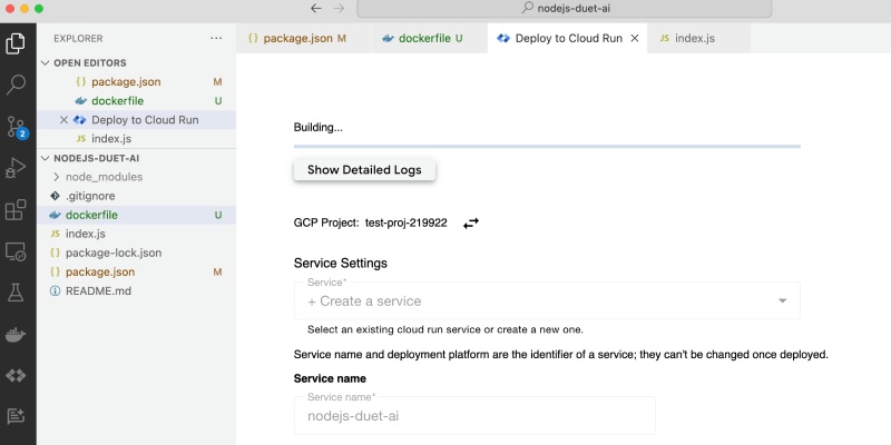 Duet AI deploying Node.js service to Cloud Run Duet AI deploying Node.js service to Cloud Run