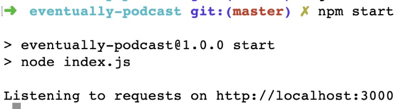 Output of NPM start, express server listening at port 3000 Output of NPM start, express server listening at port 3000