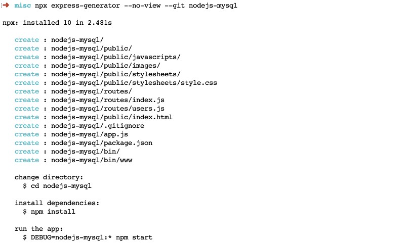 Generate Express.js with generator Output of Node.js Express generator without view and with git ignore