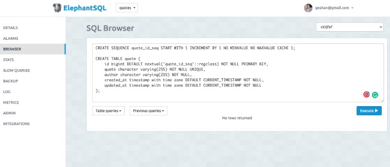 Create Quotes table on Elephant SQL interface Create Quotes table on Elephant SQL interface