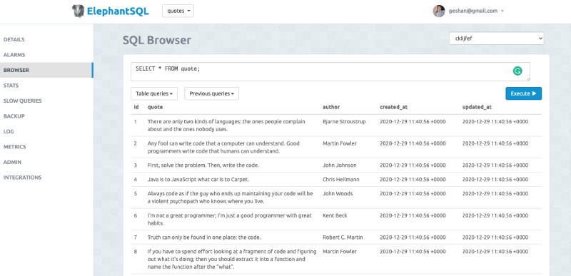 SELECT all from quote on Elephant SQL interface SELECT all from quote on Elephant SQL interface