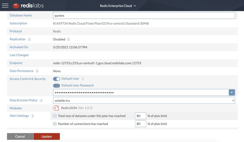 Redis settings on redis labs Redis settings on redis labs