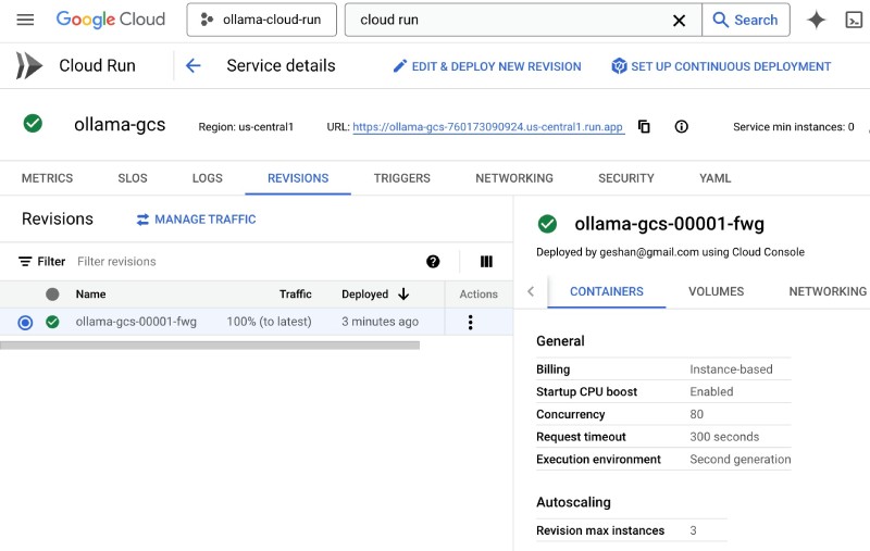 Cloud Run Service with Ollama created successfully and has a working URL now