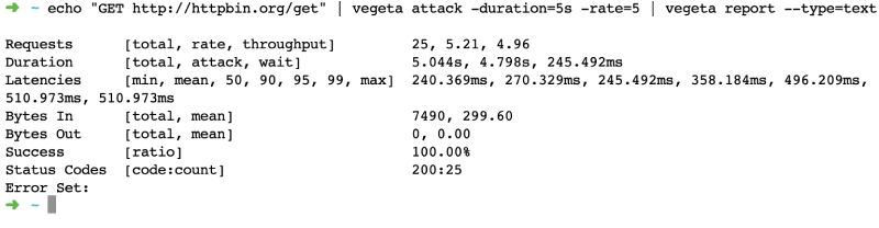 Vegeta load testing text output Text output of 5 RPS for 5 seconds